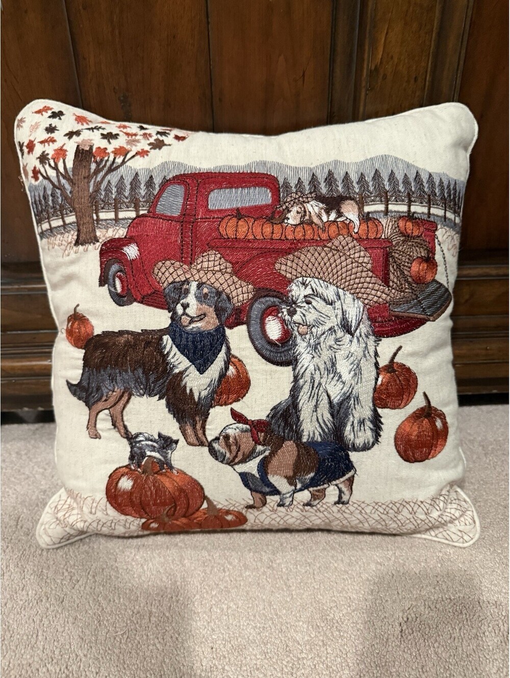 Pier 1 Dog Cat Pumpkin Autumn/Fall Theme Throw Pillow 15”x 15”, Zipper